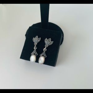 Sterling Silver Leaves Drop Oval Mother of Pearl Marcasite Earrings